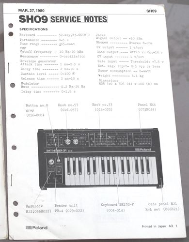 Roland-SH-09 Owner's Manual & service info